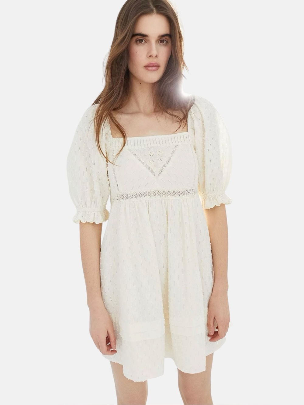 UO Ivory Embroidered Puff Sleeve Square Neck Mini Dress